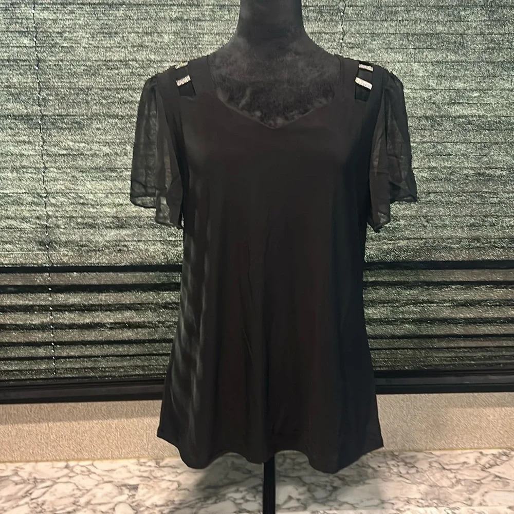 Adele & May Women’s Black‎ Sheer SS Rhinestone Shoulder Accents Top Large